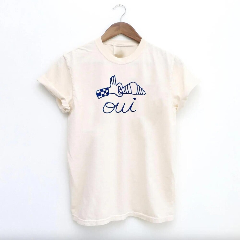 Embroidered Oui Coffee Club T Shirt, Embroidered Croissant French Tshirt